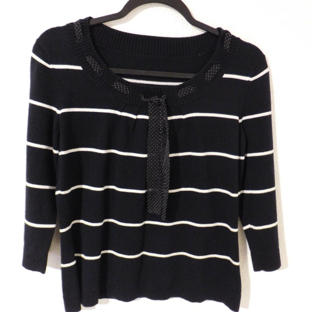 Womens Black White Scarf Round Neck Sweater Size M